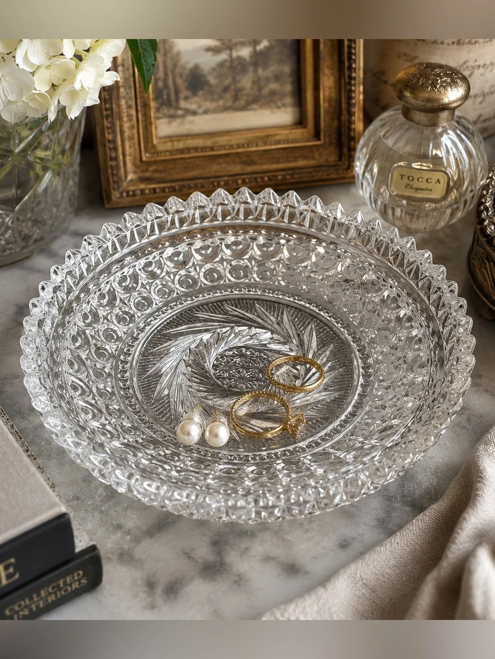 Vintage Pressed Glass Trinket Dish | Crystal Ring Bowl | Jewelry Catchall